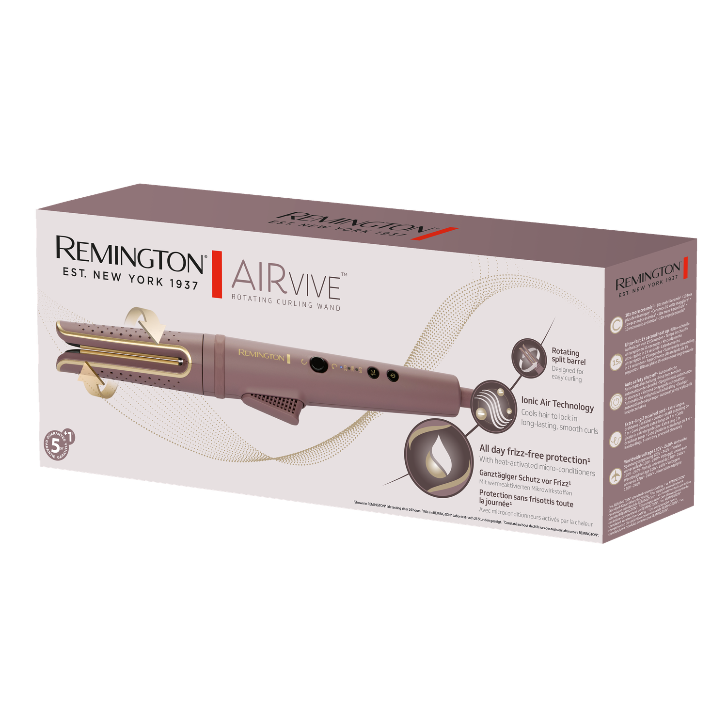 Remington AirVIVE curling wand box. Product is pink and white. Features: split barrel, ionic air tech, and frizz protection.