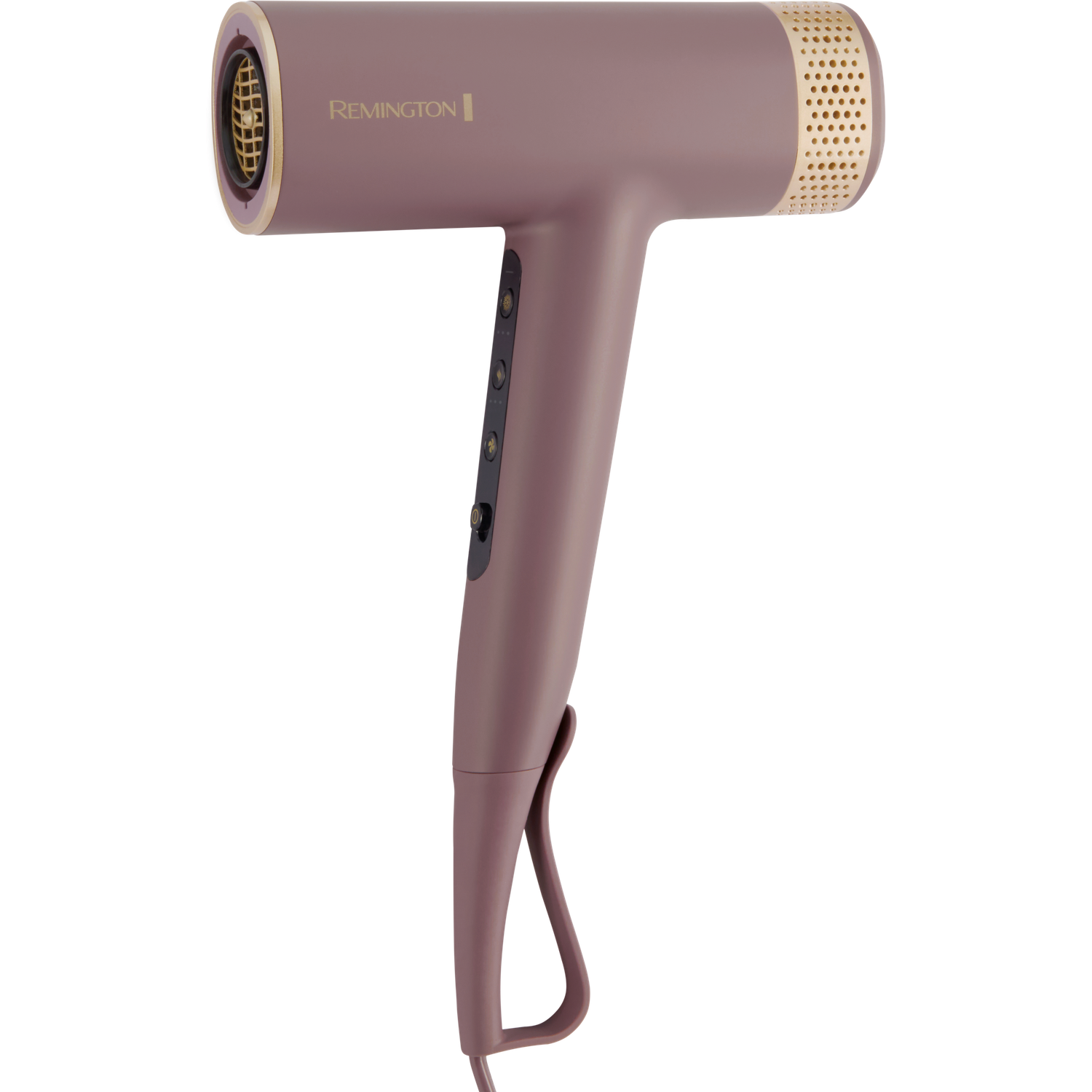 Een mauve Remington haardroger met gouden accenten. Het staat op een zwarte achtergrond. De handgreep heeft een lus en een snoer.