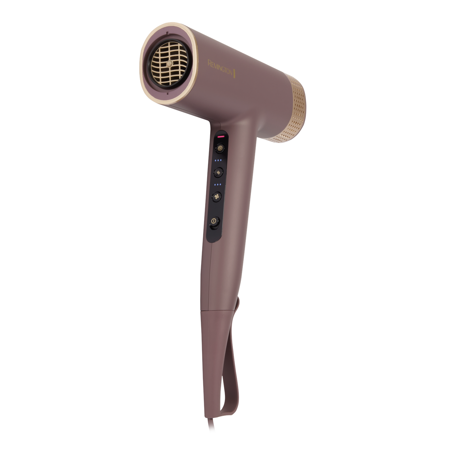 Een mauve en gouden Remington haardroger. Het heeft een lange handgreep met knoppen en een lus. De sproeier en details zijn goud.