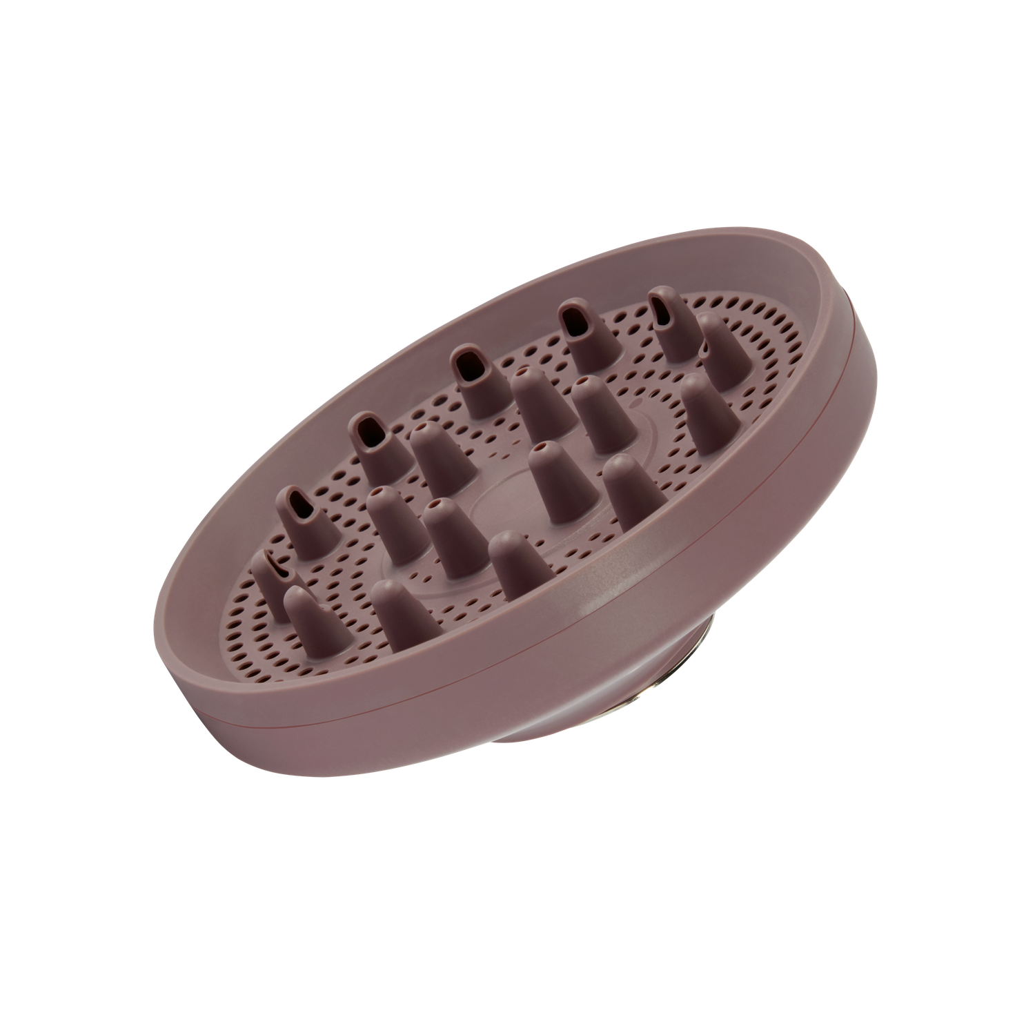 Een mauve haardrogerdiffuser met kegelvormige sproeiers en kleine gaatjes. De achtergrond is zwart.