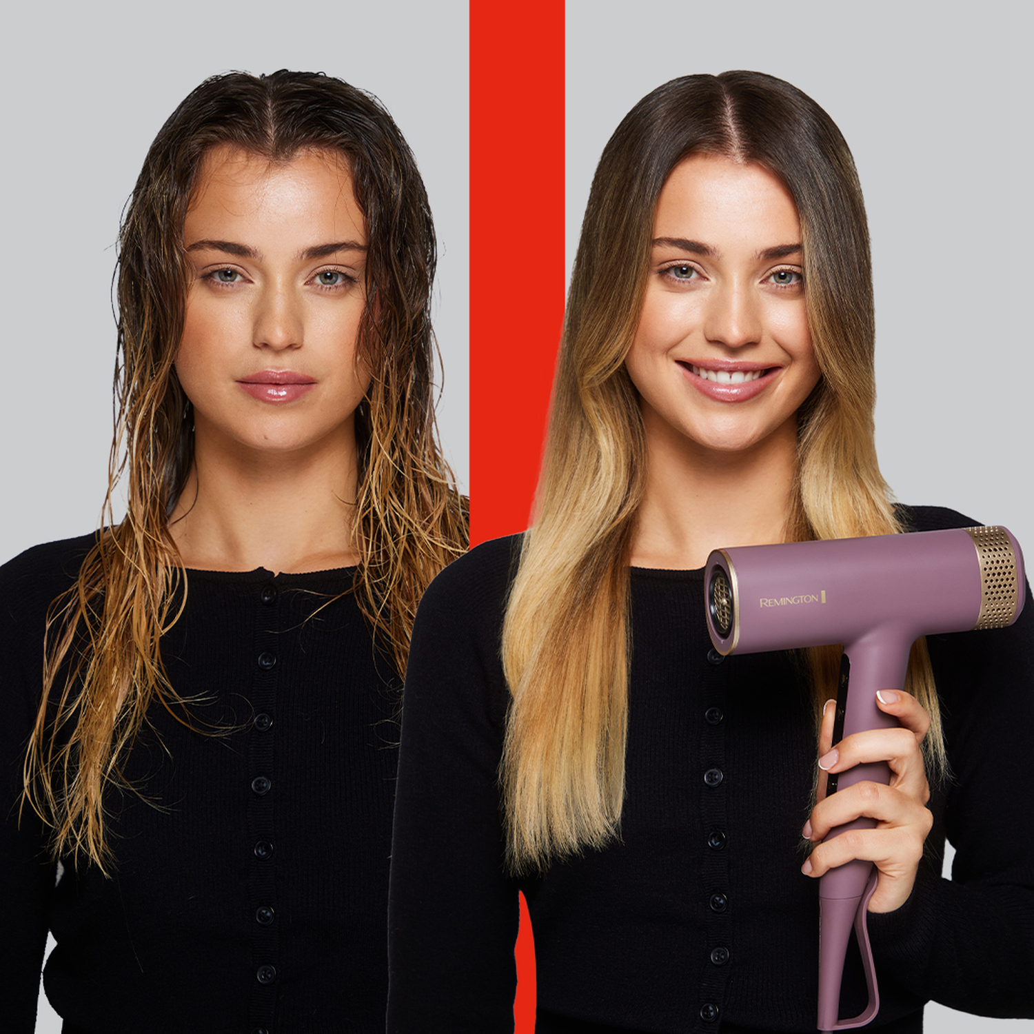 Vrouw met nat haar links en droog haar rechts met een föhn. Rode streep scheidt voor en na. Ze lacht.