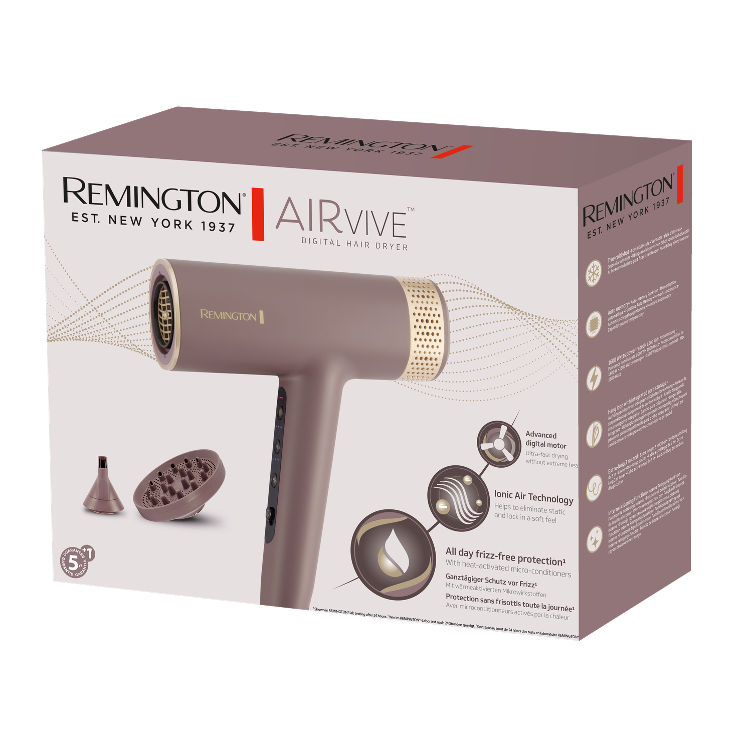 Een Remington AirVIVE haardroger, met opzetstukken. Het is mauve van kleur en heeft een gouden mondstuk.