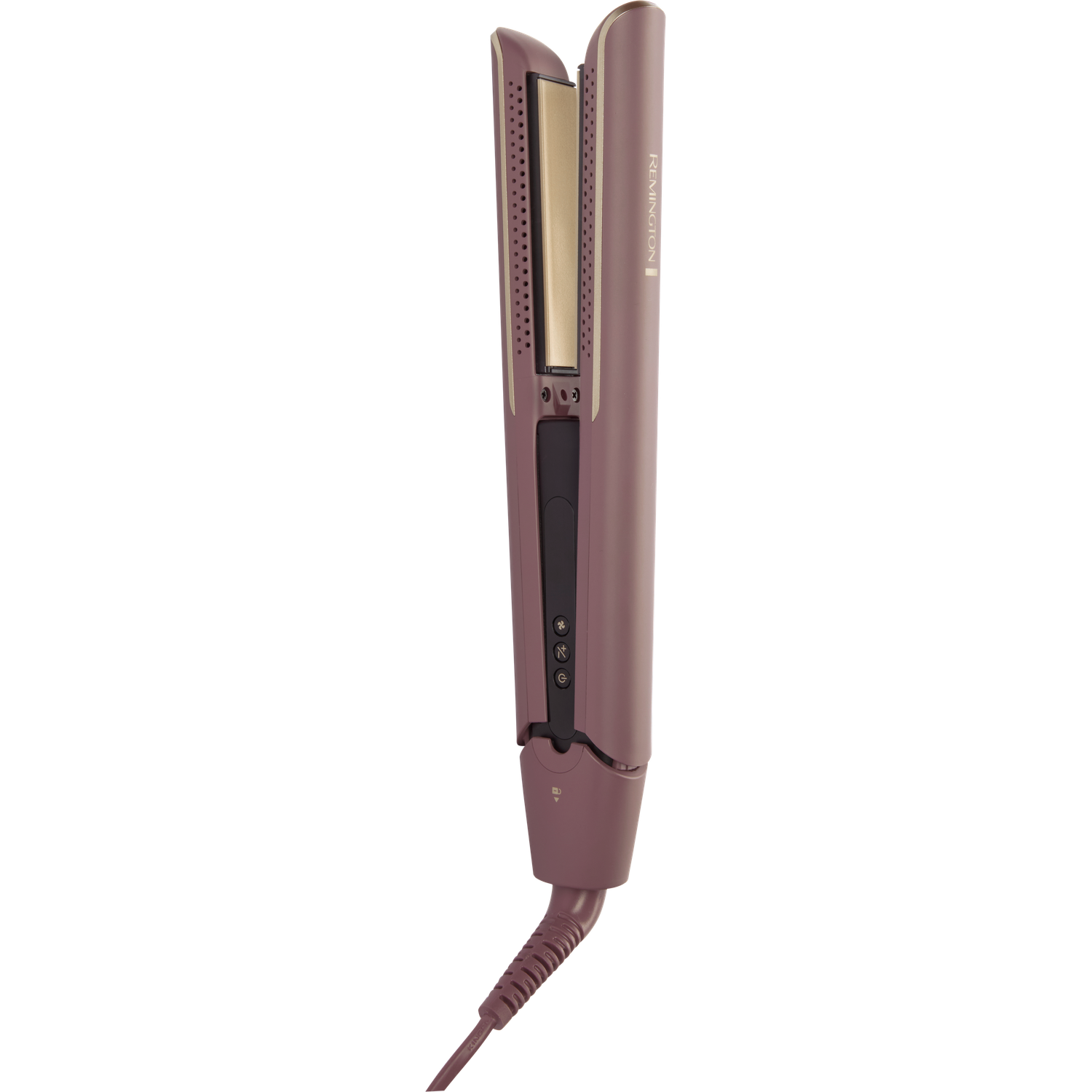 A mauve Remington hair straightener. It has a gold plate and a cord. Buttons are visible on the handle.