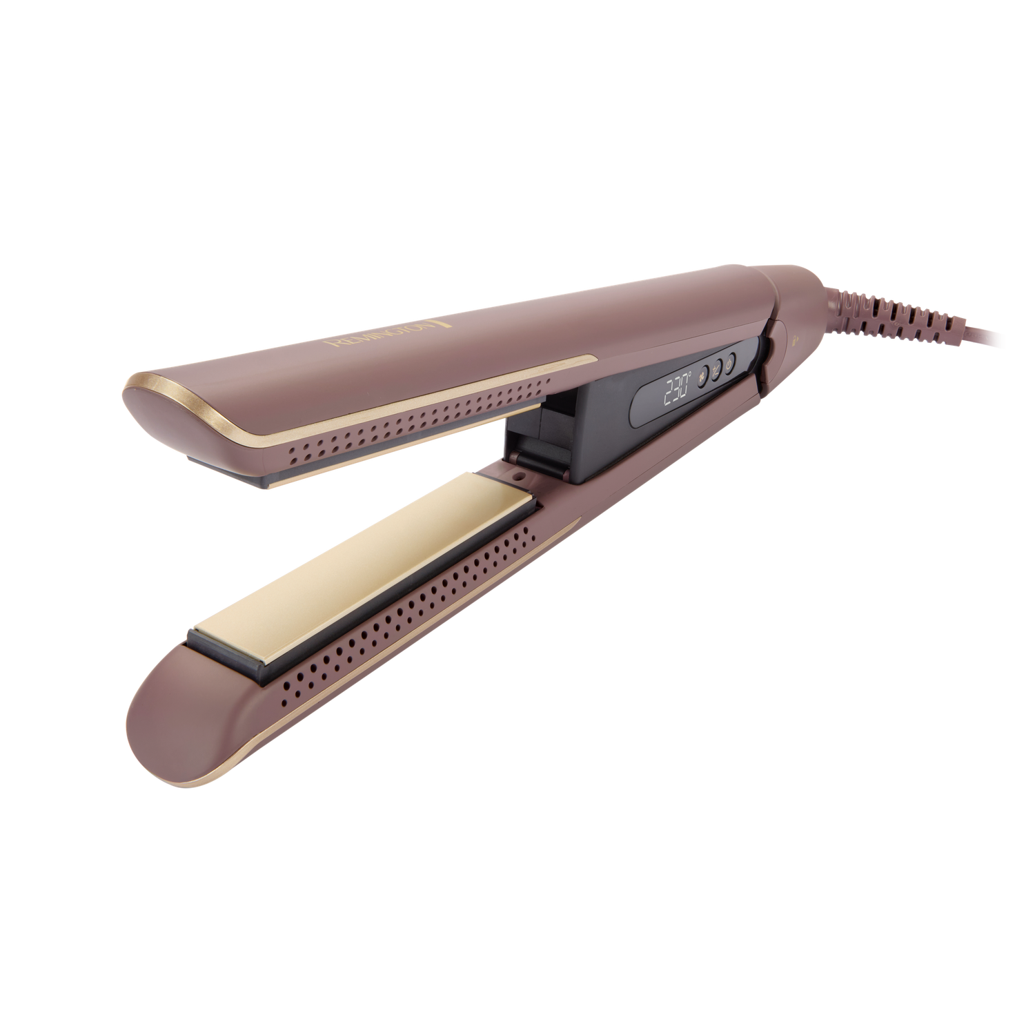 A flat iron, brown and gold, sits against a black background. It is open, displaying the heated plates and digital display.