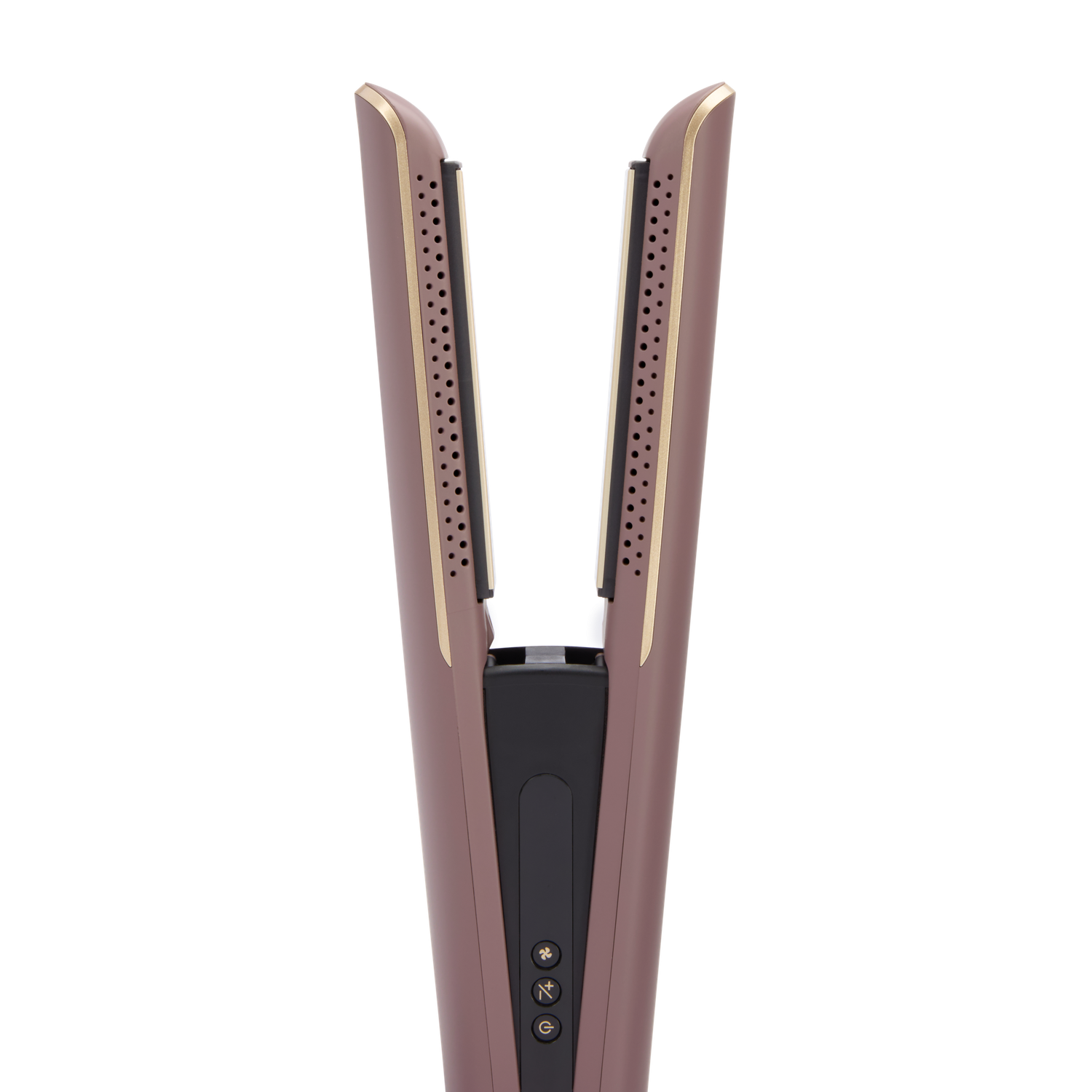 Hair straightener, open, brown and gold with black accents. Buttons on the handle. Black background.