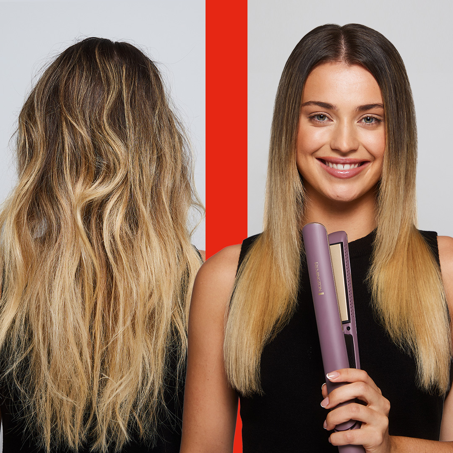 A woman holds a purple hair straightener. Her hair is styled straight on one side and wavy on the other. Red stripe on the background.