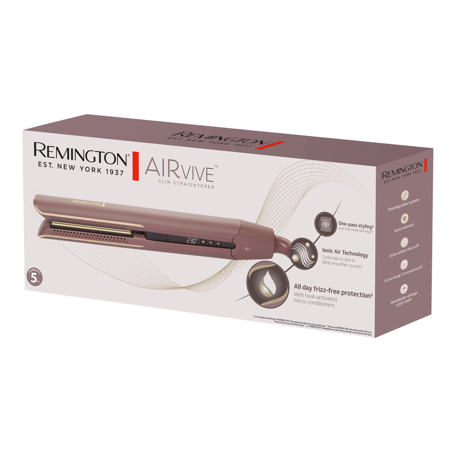 A Remington AirVIVE hair straightener box. The product is brown with gold accents. Text includes 'Slim Straightener' and features.