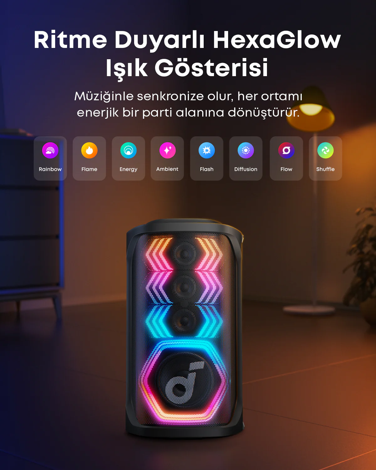 Renkli ışıklı siyah bir hoparlör, üstte 'HexaGlow' metni. 'Rainbow', 'Flame' ve 'Energy' gibi isimlere sahip simgeler onu çevreler.