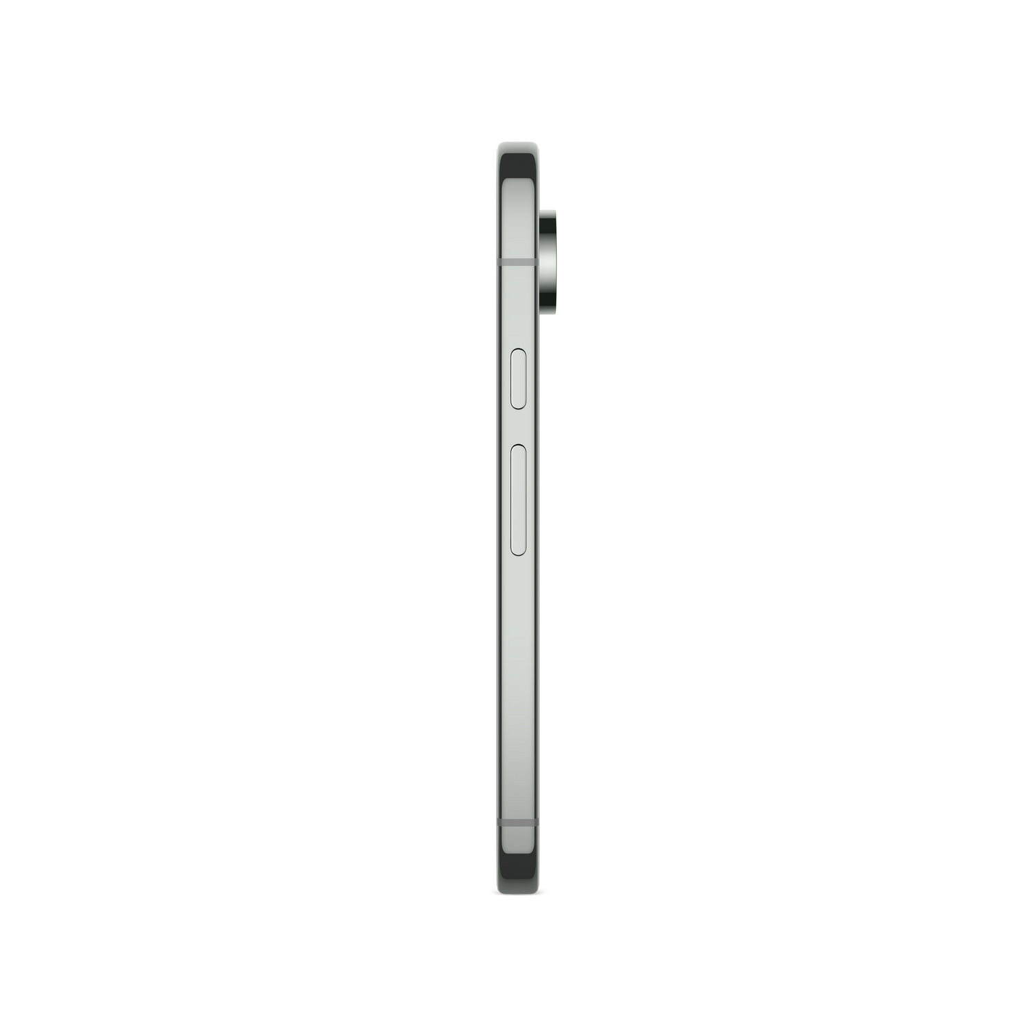 Vista lateral de un smartphone plateado. Se ven los botones de volumen, la lente de la cámara y un diseño elegante sobre fondo blanco.