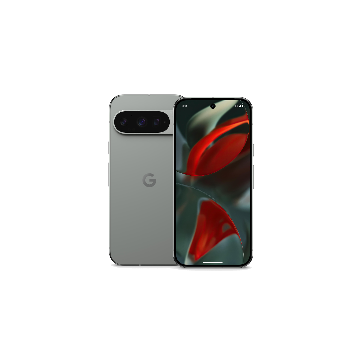 Dos teléfonos inteligentes grises sobre fondo negro. Uno muestra la parte trasera, el otro la pantalla con formas abstractas rojas y blancas.