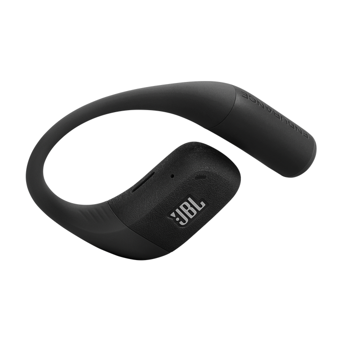 Auricular inalámbrico JBL Endurance negro. El auricular está diseñado para engancharse sobre la oreja.