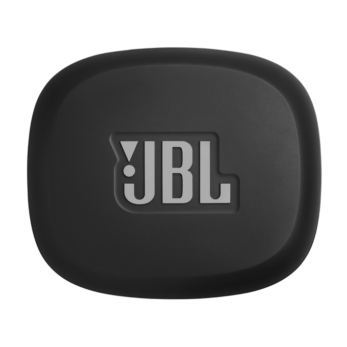 Una funda JBL negra y redondeada. El logo de JBL es gris claro en el centro.