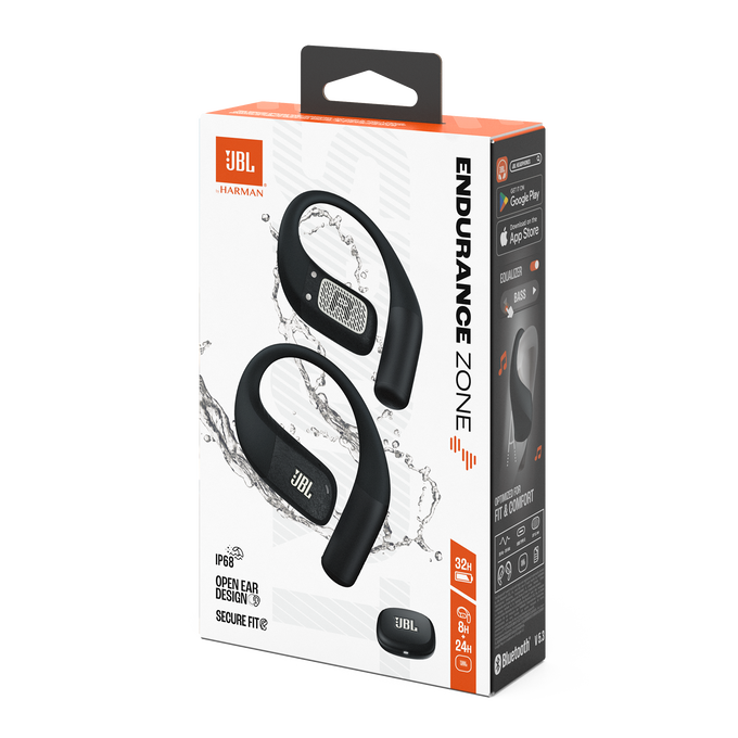 Auriculares JBL Endurance Zone en caja. Auriculares negros en una caja blanca con detalles en naranja. Características: diseño de oído abierto y ajuste seguro.