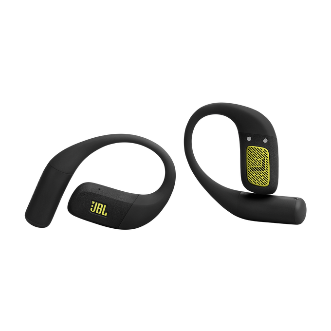 Dos auriculares deportivos JBL negros y amarillos. Uno a la izquierda y otro a la derecha. Ambos tienen un gancho y un diseño amarillo.