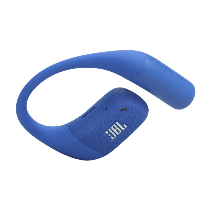 Auriculares JBL Endurance azules. Los auriculares están sobre un fondo negro. El logotipo de JBL es visible.