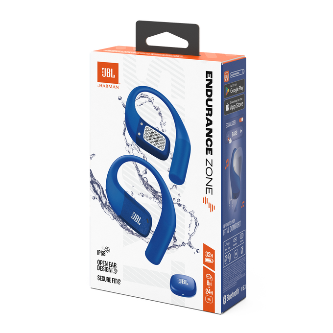 Una caja de auriculares JBL Endurance Zone. La caja muestra un par de auriculares azules con salpicaduras de agua.