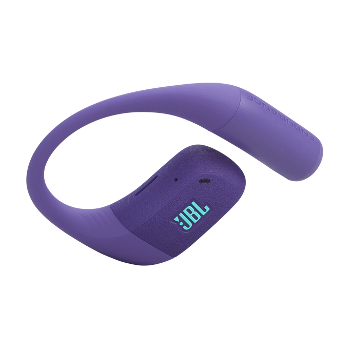 Un auricular JBL morado con un diseño curvo. El logotipo de JBL es visible. La palabra ENDURANCE está en la parte superior del auricular.
