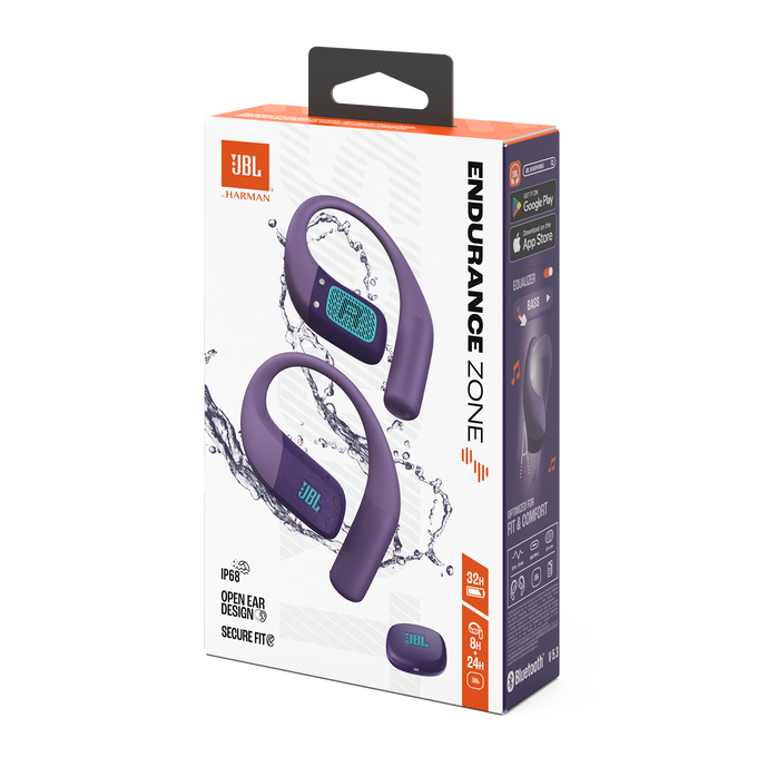 Embalaje de auriculares JBL Endurance Zone. Auriculares morados sobre fondo blanco. La caja muestra las características del producto y el logotipo de JBL.