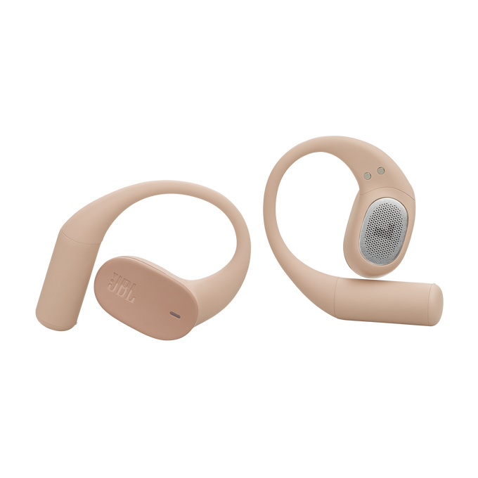 Dos auriculares JBL beige sobre fondo negro. Curvos, con detalles de altavoz y botones.