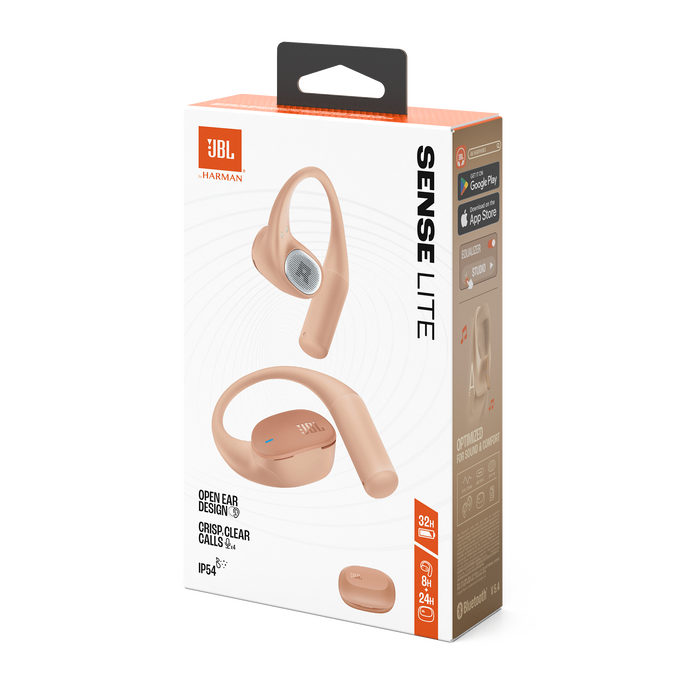Una caja de auriculares JBL Sense Lite. La caja muestra los auriculares y características como diseño de oído abierto, llamadas nítidas y 32 horas de batería.