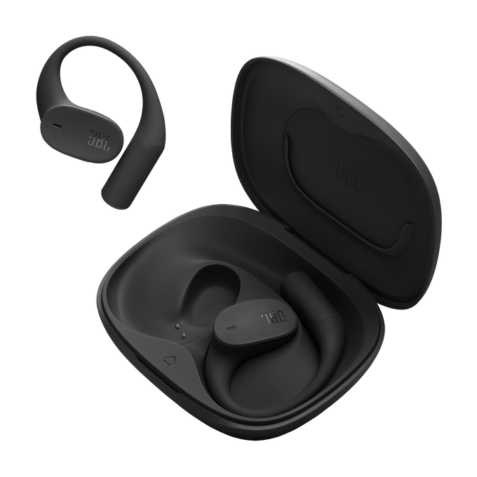 Juego de auriculares JBL negros. Un auricular está separado, el otro en un estuche abierto. El estuche y los auriculares tienen el logo de JBL.