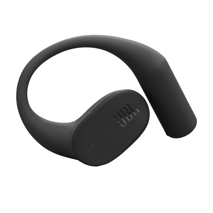 Un auricular JBL negro con un gancho curvo para la oreja. El logotipo de JBL es visible. El fondo es negro.