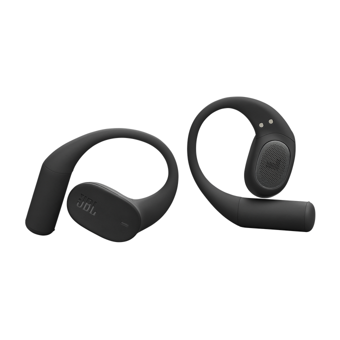 Dos auriculares negros JBL con diseño curvo. El izquierdo muestra el logo de JBL.