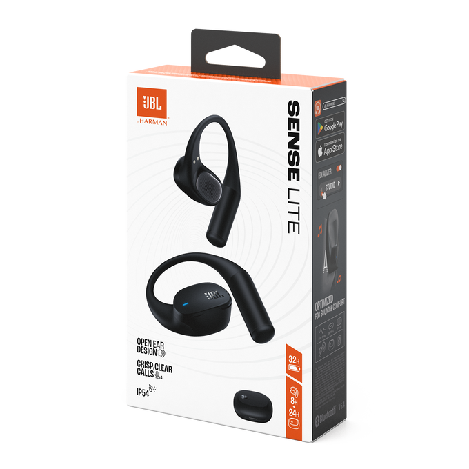Una caja de auriculares JBL Sense Lite. La caja muestra los auriculares, sus características y la marca. Los auriculares son negros con un diseño único.