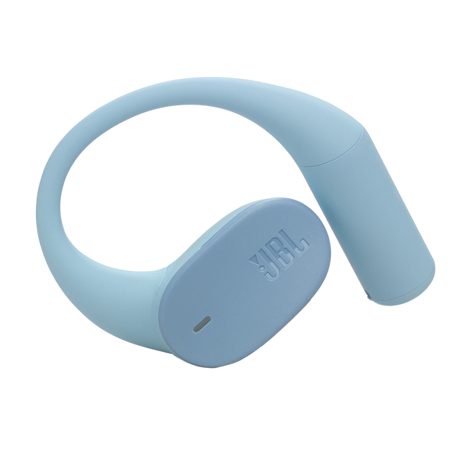Un auricular JBL azul claro. El auricular presenta un diseño curvo con una sección cilíndrica y un auricular plano de forma ovalada.