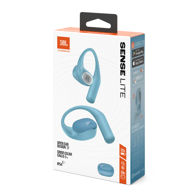 Una caja muestra auriculares JBL Sense Lite. Los auriculares azul claro se muestran al frente, con el logotipo de JBL visible.