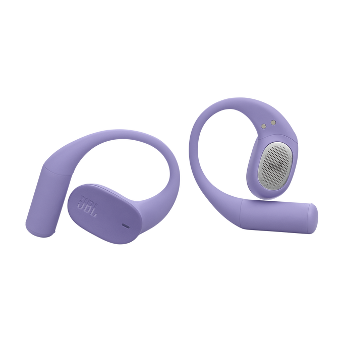 Dos auriculares inalámbricos JBL color lavanda. Cada uno tiene un gancho para la oreja y un auricular con altavoz. El fondo es negro.