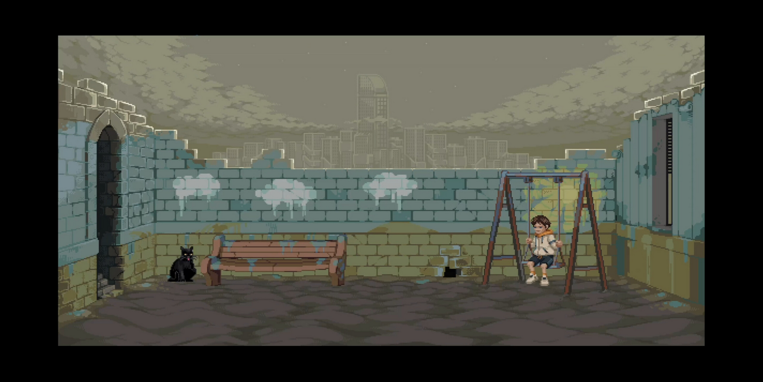 Escena pixelada: un niño en un columpio, un gato negro, un banco y un paisaje urbano al fondo, en un área sombría con paredes de ladrillo.