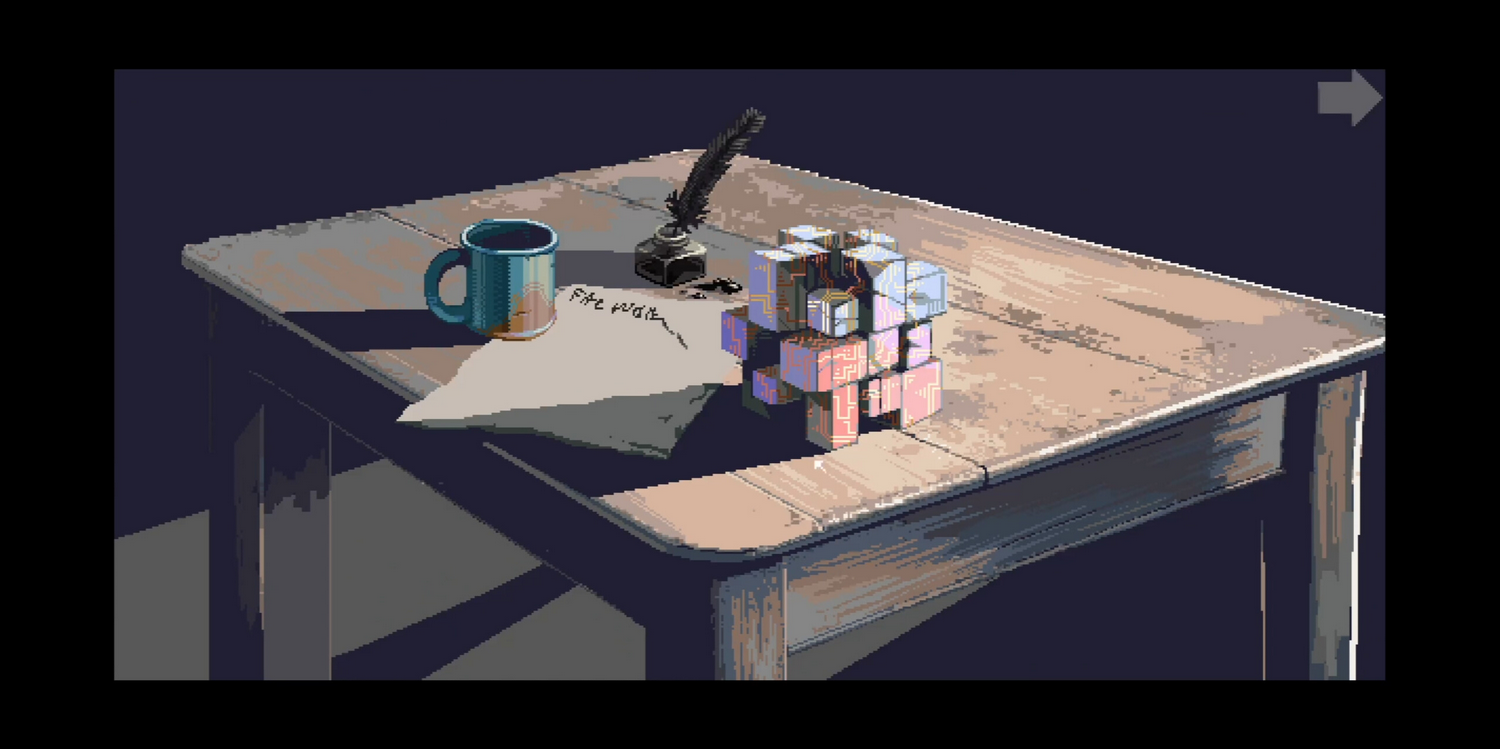 Una mesa de madera con una taza, tintero, papel con texto, un cubo de Rubik y una pluma. Ambiente oscuro.