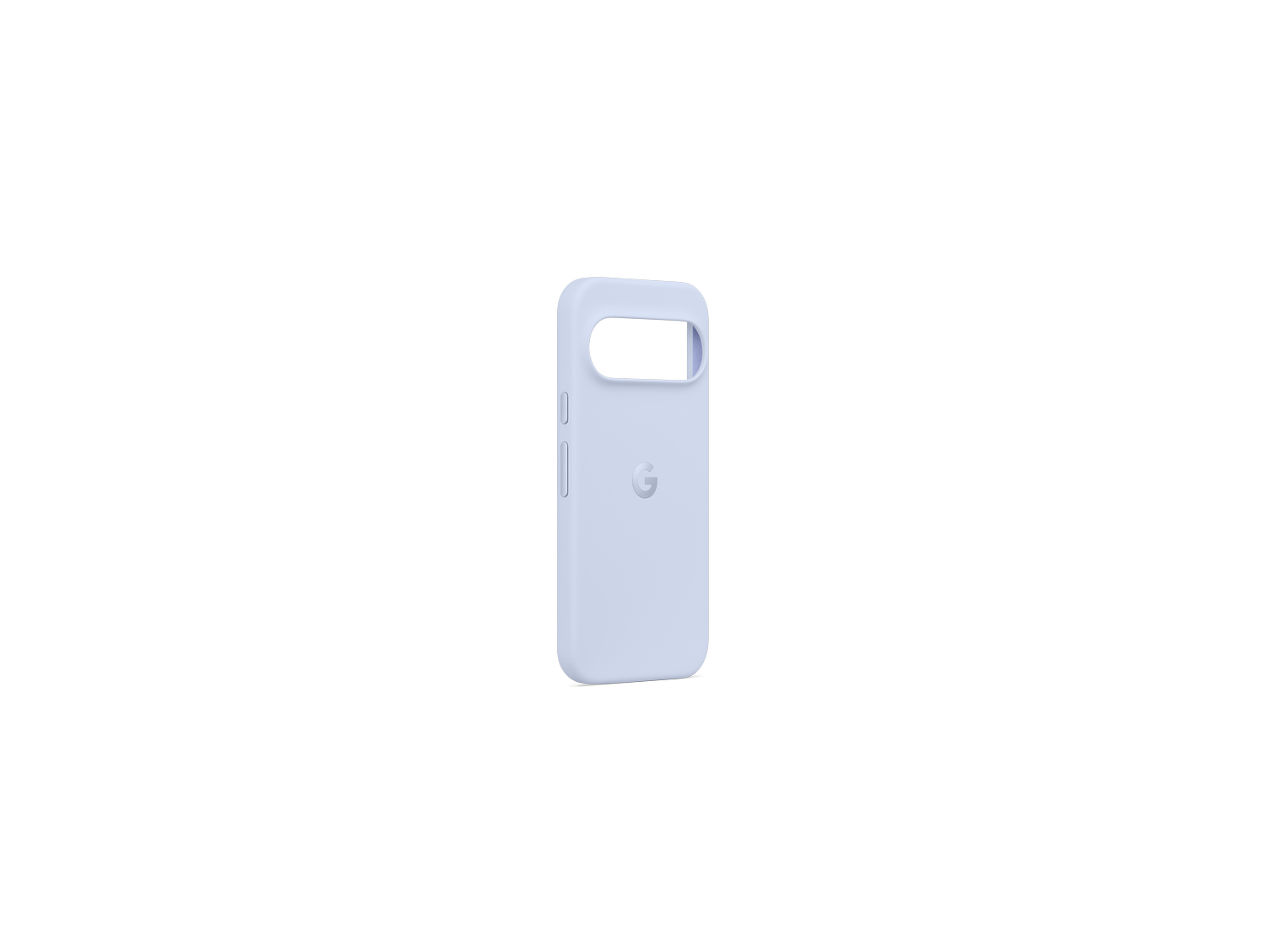 Una funda de teléfono azul claro. La funda es rectangular con un recorte para la cámara y el logotipo de Google. El fondo es gris.