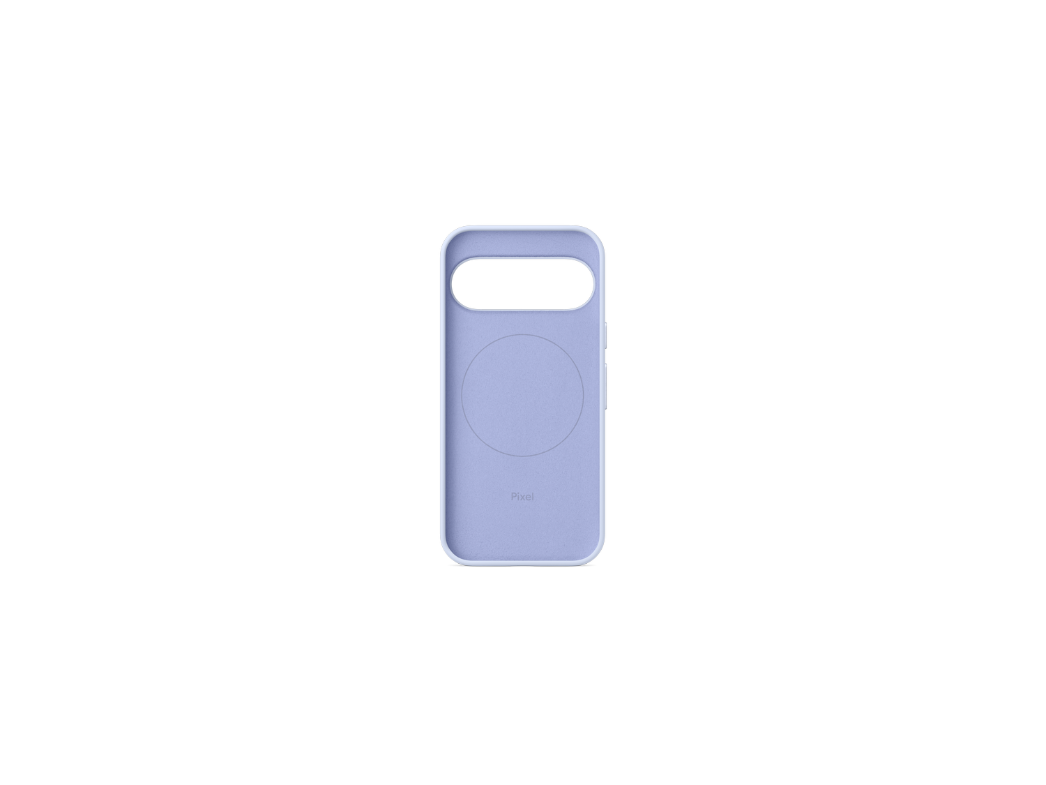 Una funda de teléfono lila claro con borde blanco. Tiene un recorte para la cámara y una hendidura circular en la parte trasera, con el logo 'Pixel'.