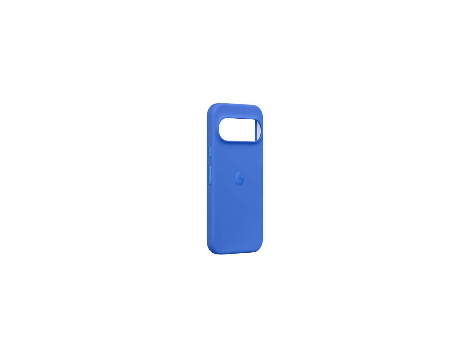 Una funda de teléfono azul con el logo de Google. Toma vertical sobre fondo gris. La funda tiene recortes para botones y cámara.