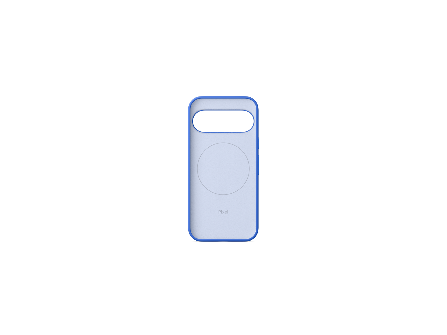 Una funda de teléfono azul claro con un borde azul más oscuro. La funda tiene un recorte circular y dice 'Pixel' en la parte inferior.