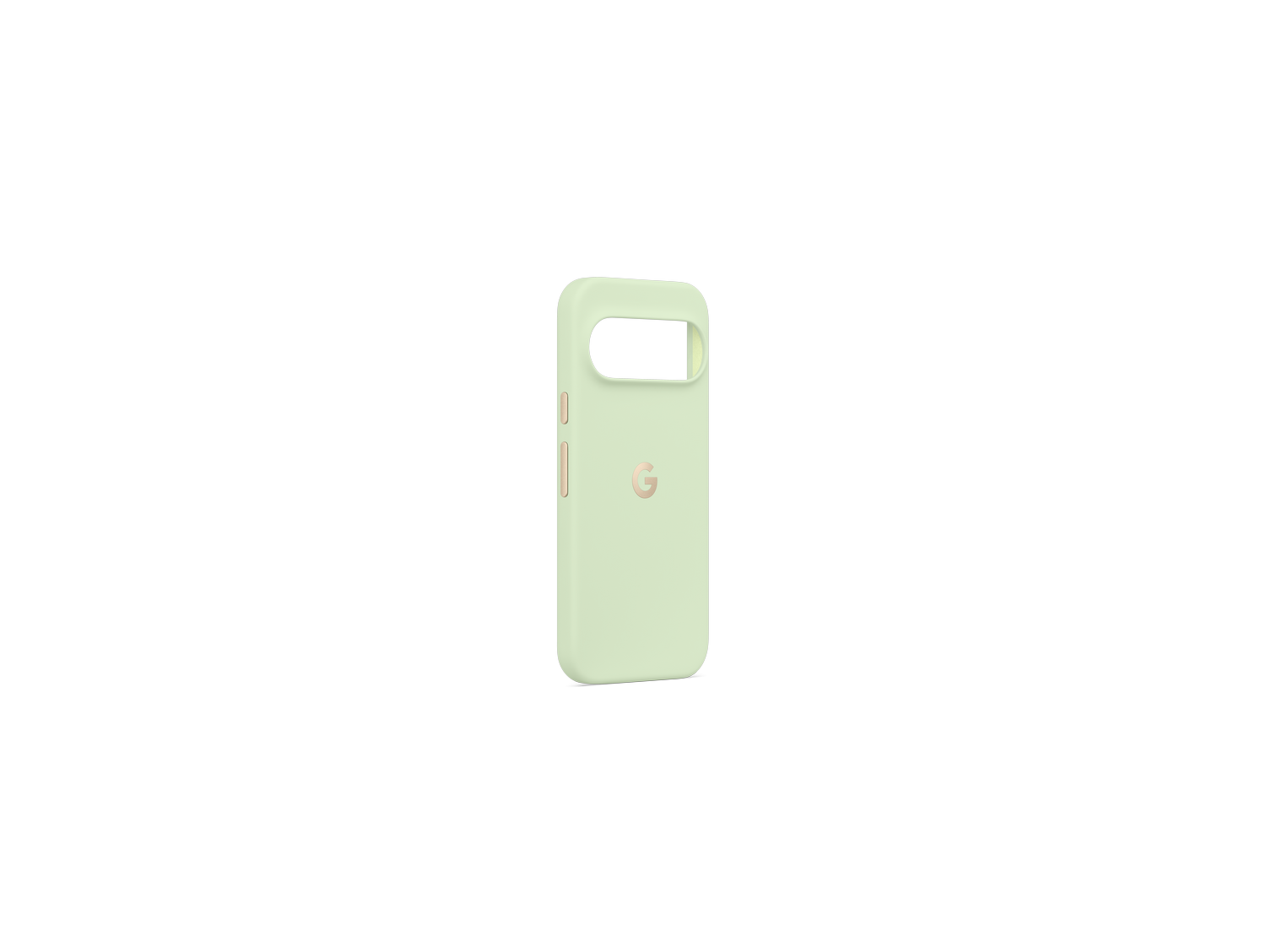 Una funda de teléfono verde claro con recorte de cámara y logo de Google sobre fondo gris.