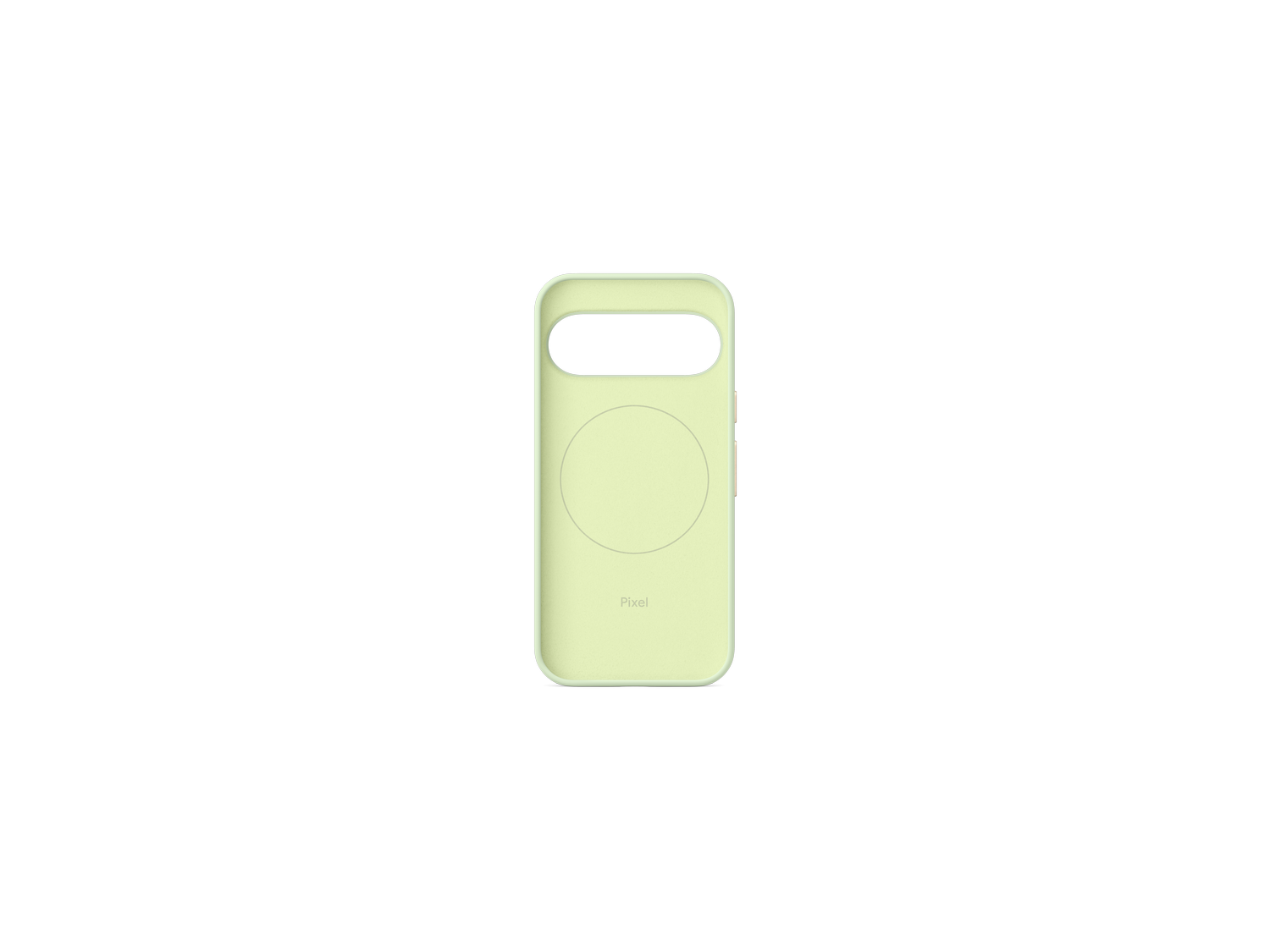 Una funda de teléfono verde claro con una abertura ovalada en la parte superior y una hendidura circular en el centro, sobre un fondo gris.