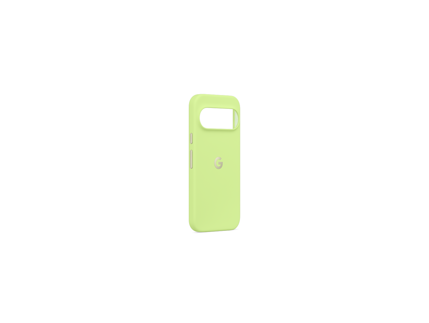 Una funda de teléfono verde claro con el logotipo de Google sobre un fondo gris. La funda tiene recortes para la cámara y los botones.