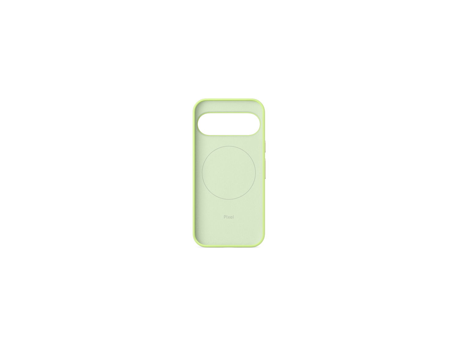 Una funda de teléfono verde claro sobre fondo gris. La funda tiene un agujero para la cámara y un recorte circular. Dice 'Pixel'.