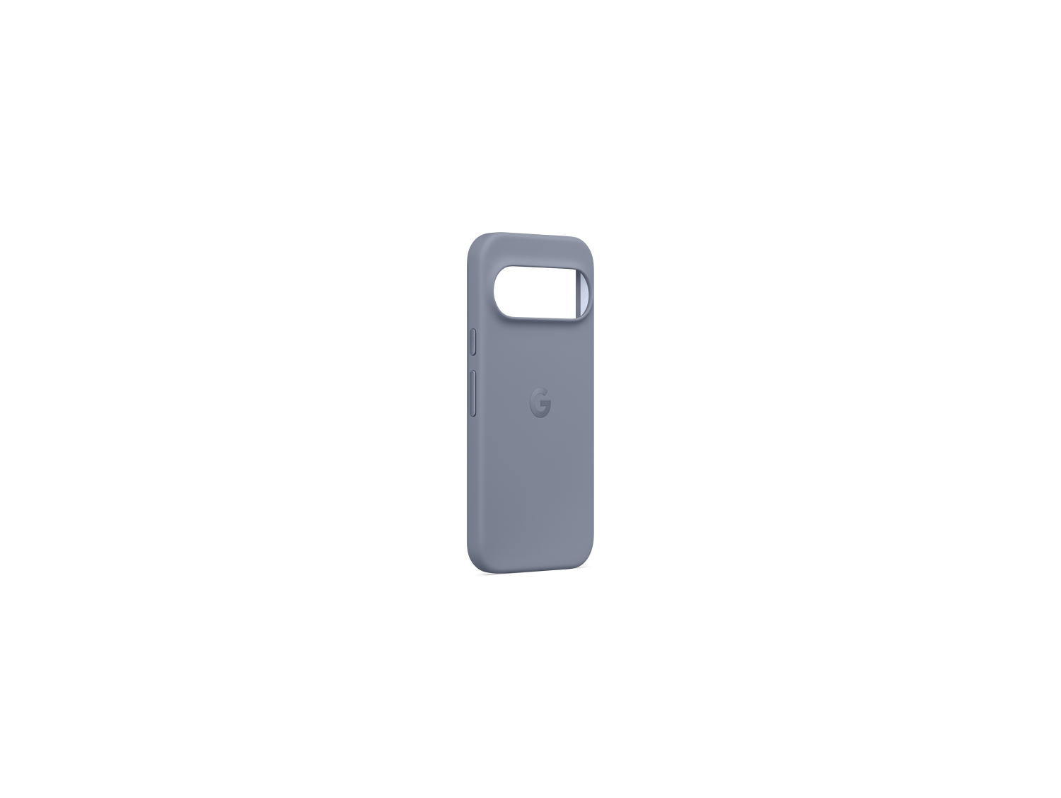 Una funda de teléfono azul claro se alza sobre un fondo gris. La funda tiene una abertura para la cámara y el logotipo de Google.