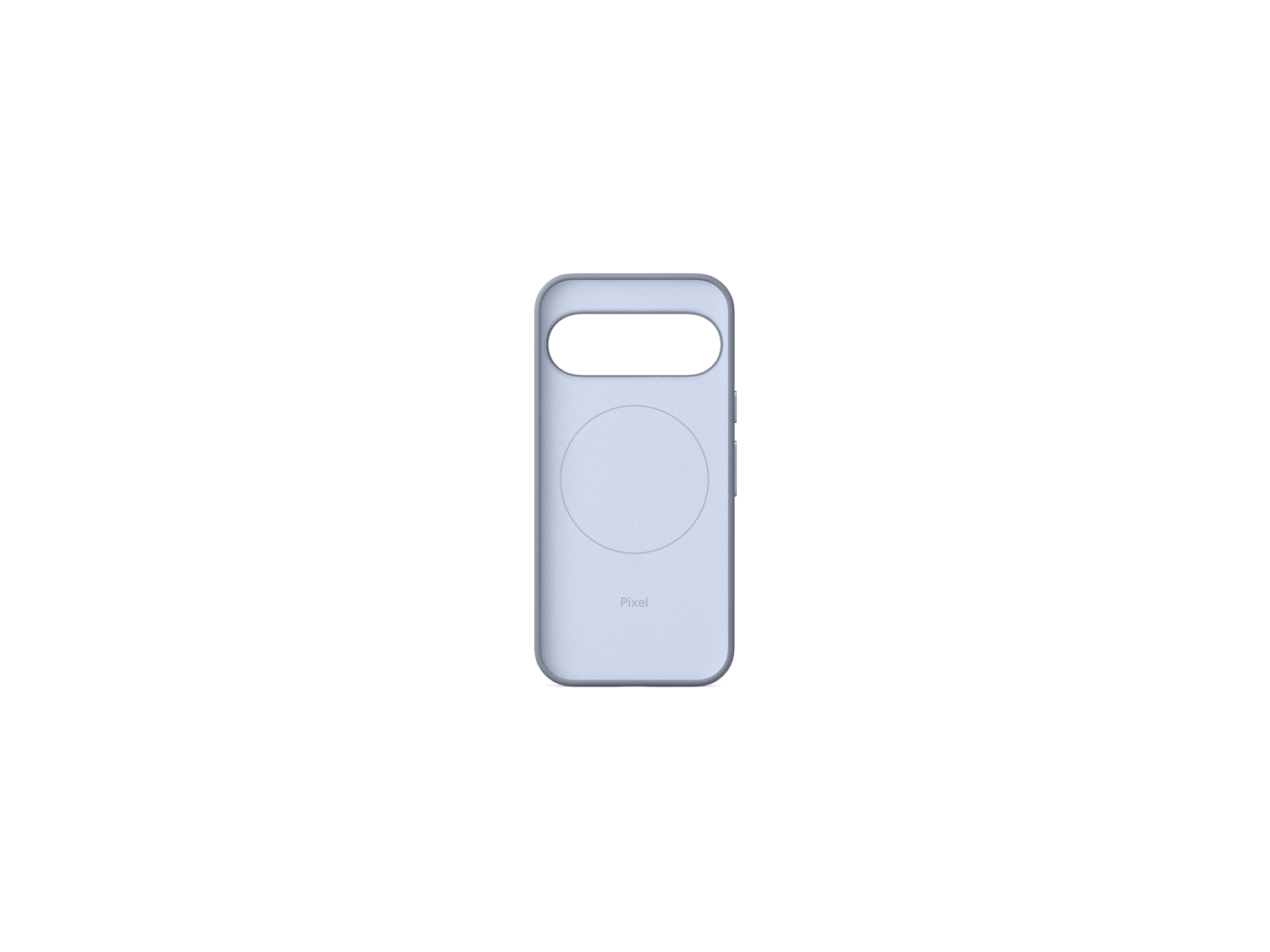 Una funda de teléfono azul claro con un recorte para la cámara y un detalle circular en el centro. La palabra 'Pixel' abajo.