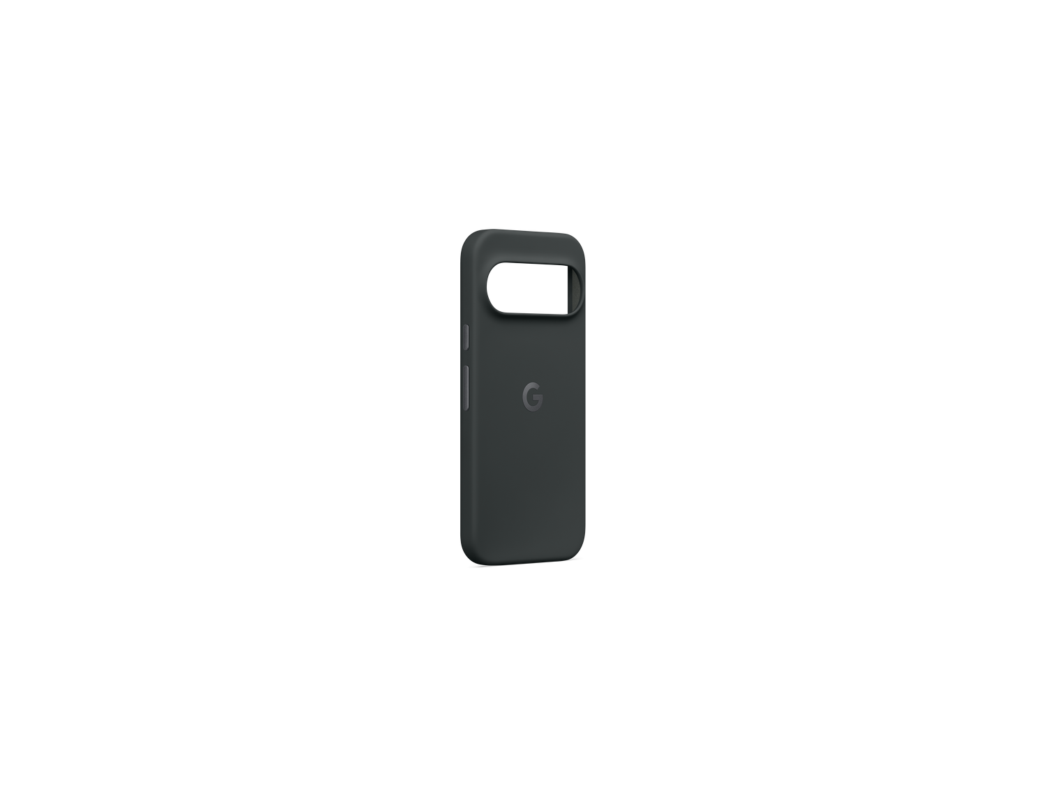 Una funda de teléfono gris oscuro con el logotipo 'G' de Google está centrada sobre un fondo gris. La funda tiene recortes para la cámara y los botones.