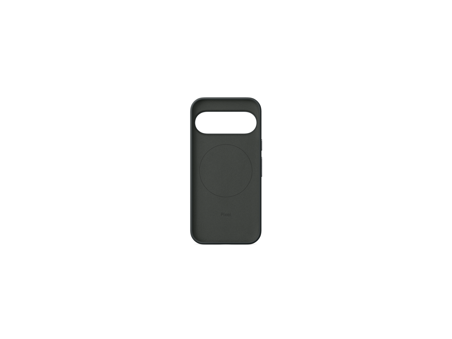 Una funda de teléfono gris oscuro con un recorte para la cámara y una característica circular, logo Pixel, sobre un fondo gris.