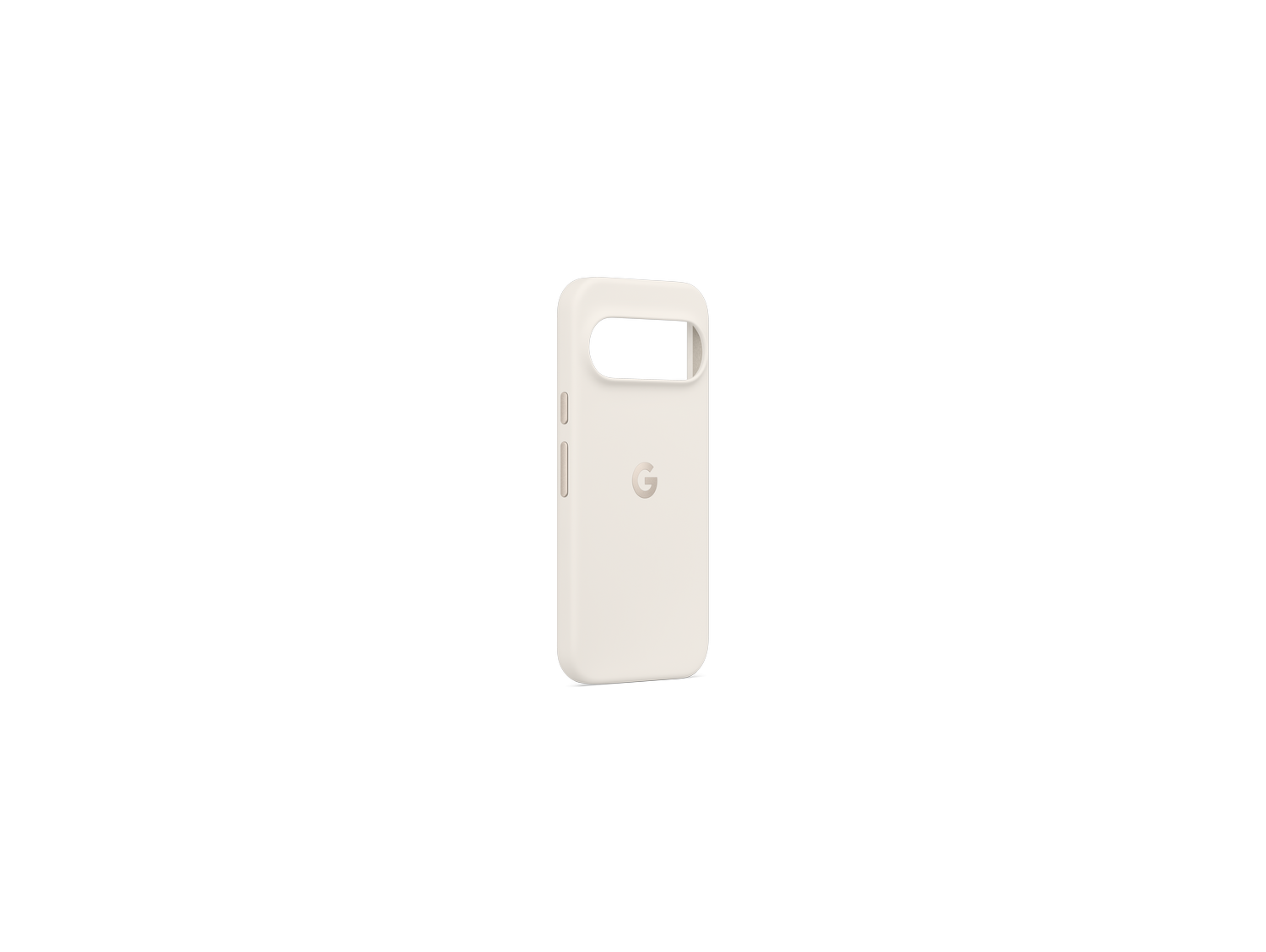 Una funda blanca para teléfono con un recorte para la cámara y el logotipo de Google sobre un fondo gris. Una foto de producto minimalista.