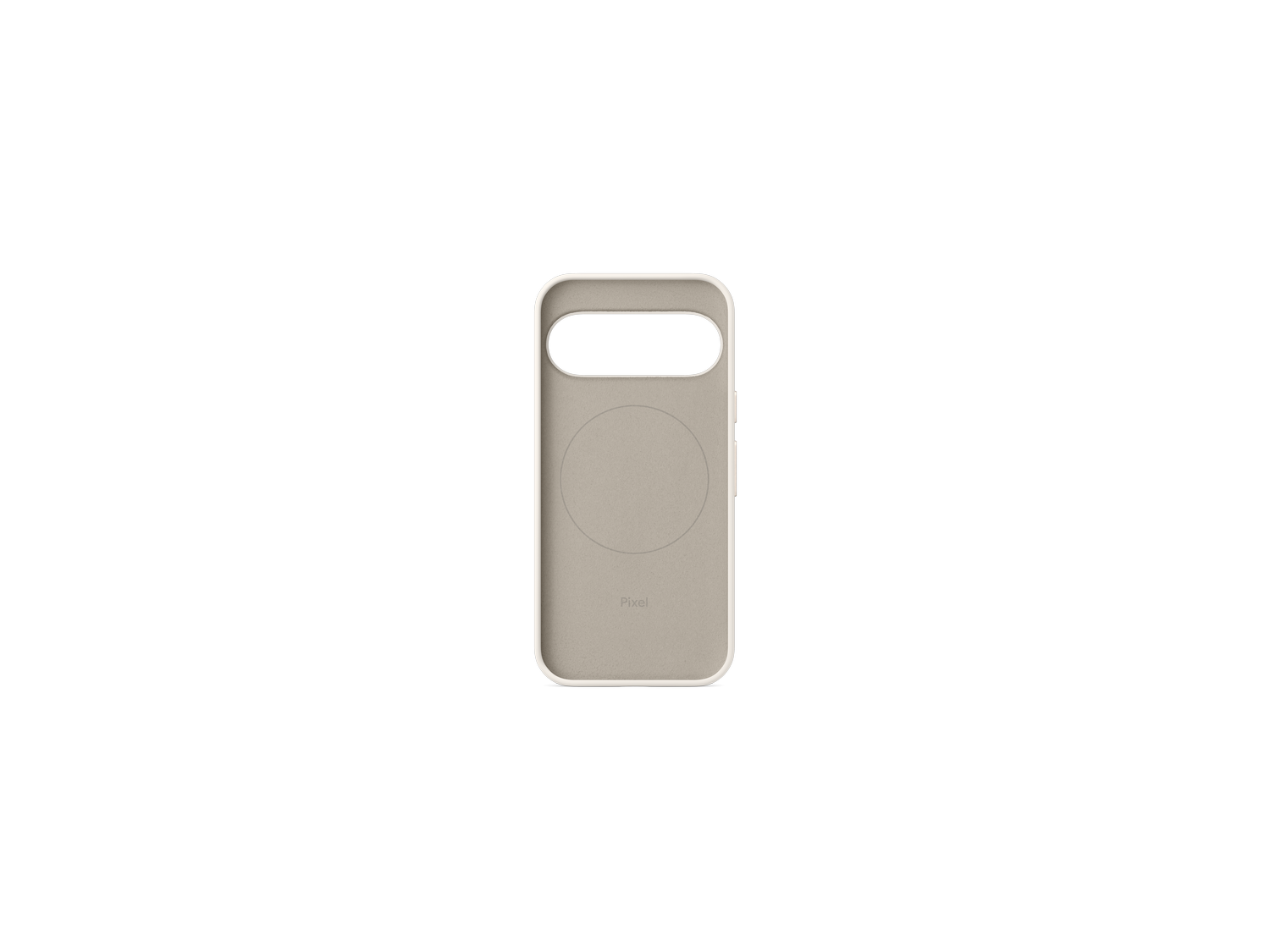 Una funda de teléfono centrada sobre un fondo gris. La funda tiene un interior beige y un borde blanco. La palabra 'Pixel' está impresa.