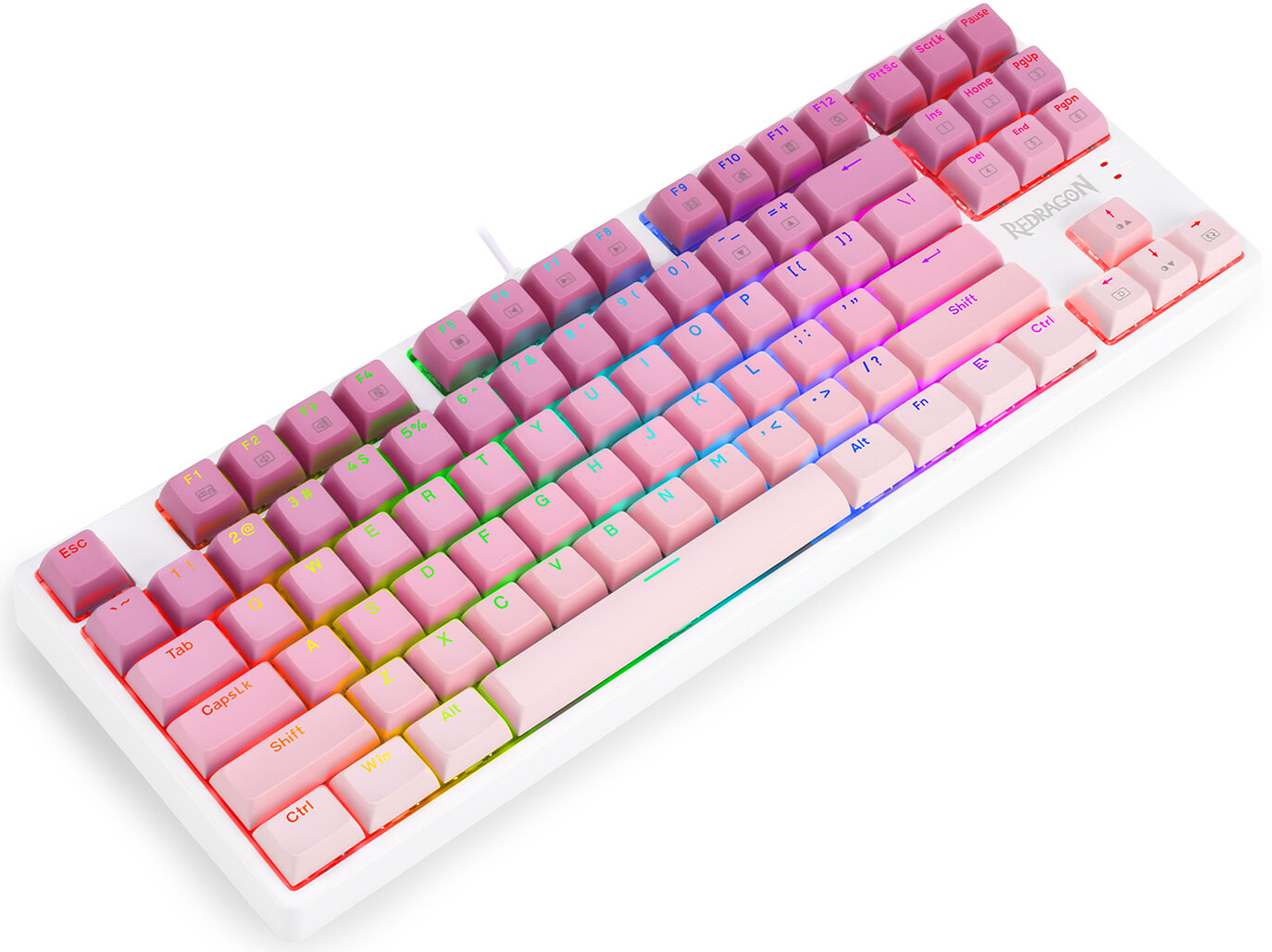 Biała mechaniczna klawiatura Redragon z różowymi i fioletowymi nakładkami, podświetleniem RGB i połączeniem przewodowym.