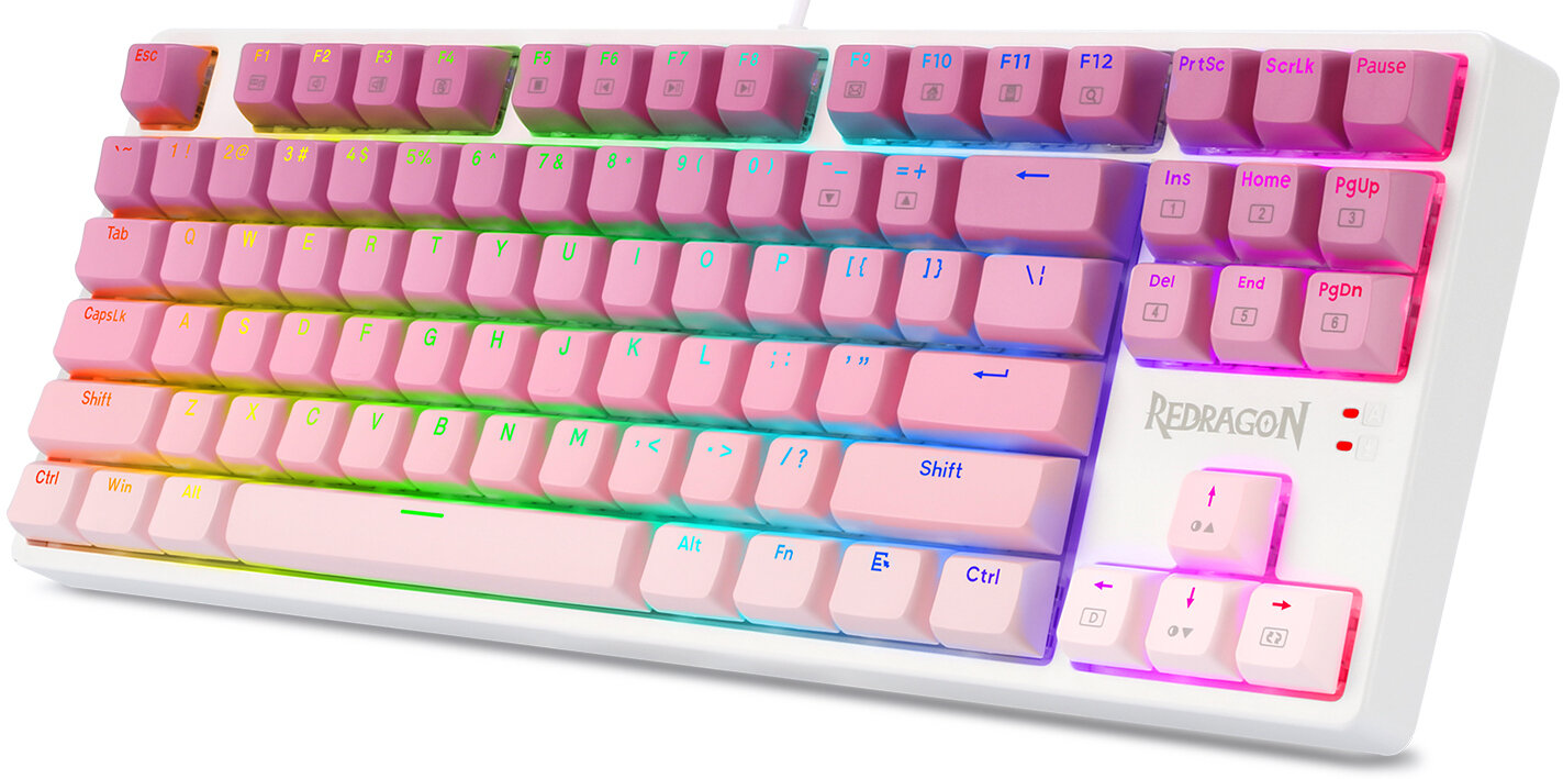 Biała klawiatura Redragon z różowymi klawiszami. Klawisze są podświetlane tęczowymi kolorami. Klawiatura ma różne klawisze funkcyjne.