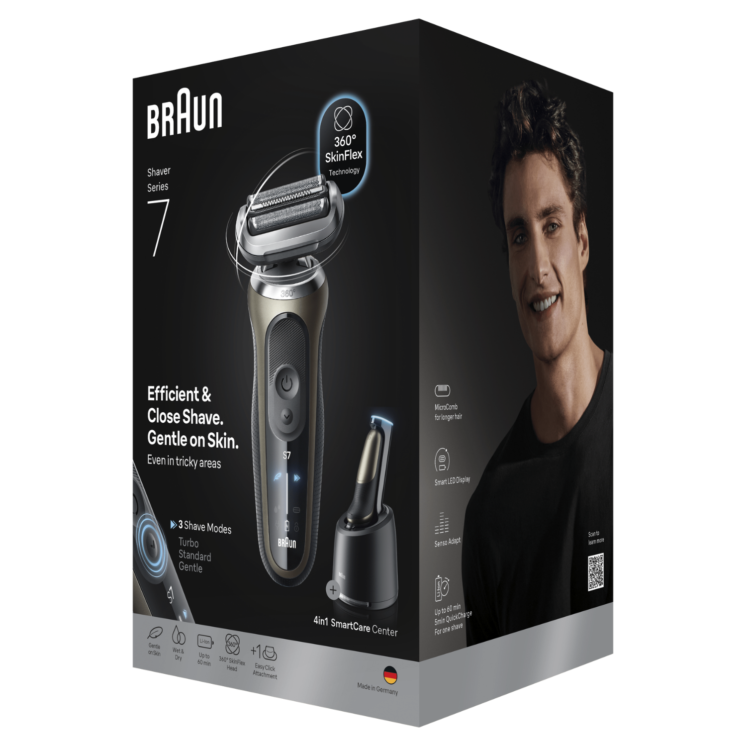 Caja de afeitadora Braun Series 7. Presenta la cara de un hombre, una afeitadora e iconos que detallan características como 360° SkinFlex y Smart LED.